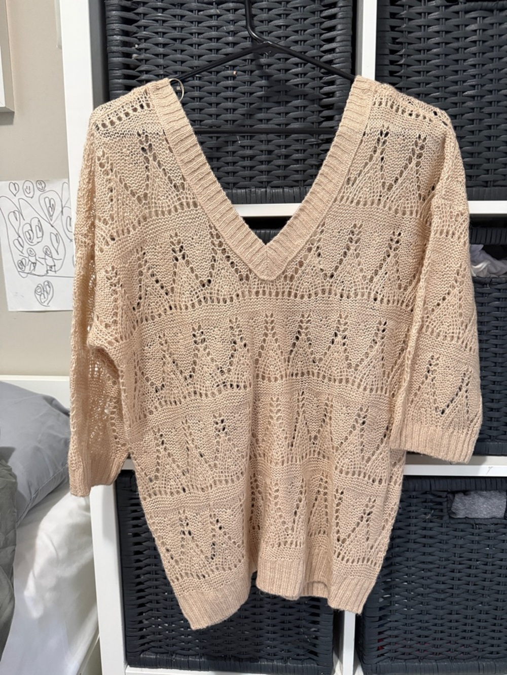 Women’s V-Neck Openwork Sweater - Cream